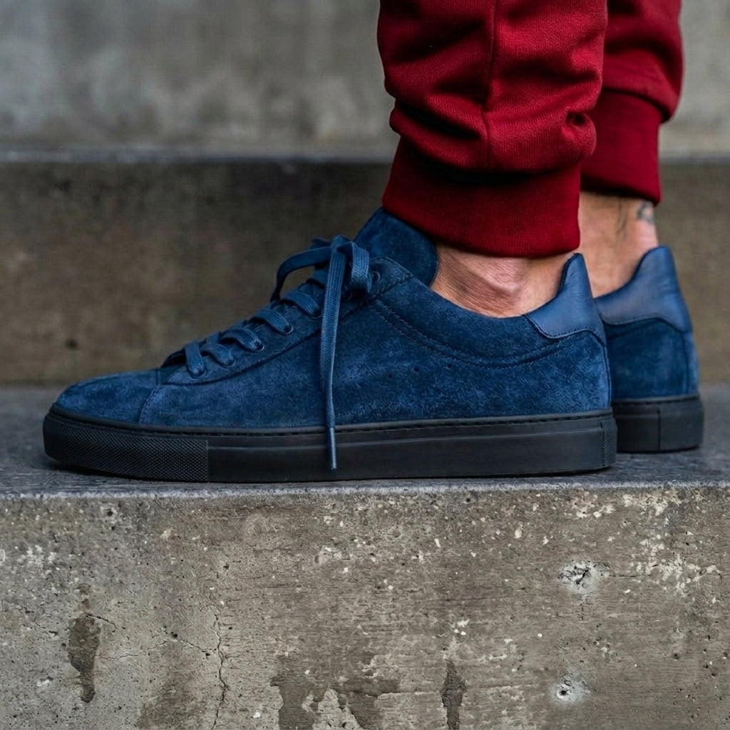 Blue Suede Leather Remigio Lace-Up With Red Sole Sneakers