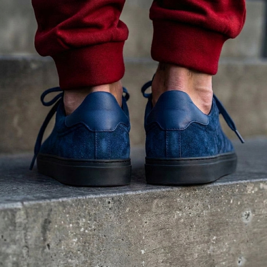 Blue Suede Leather Remigio Lace-Up With Red Sole Sneakers