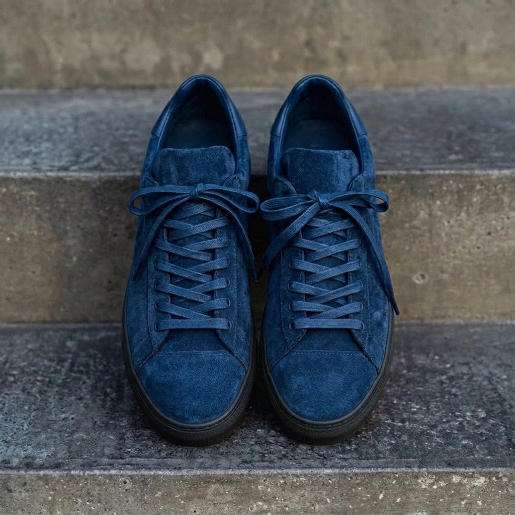 Blue Suede Leather Remigio Lace-Up With Red Sole Sneakers