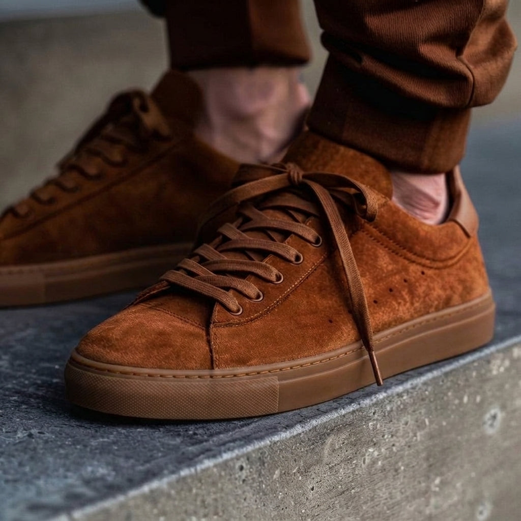 Brown Suede Leather Remigio Lace-Up With Red Sole Sneakers