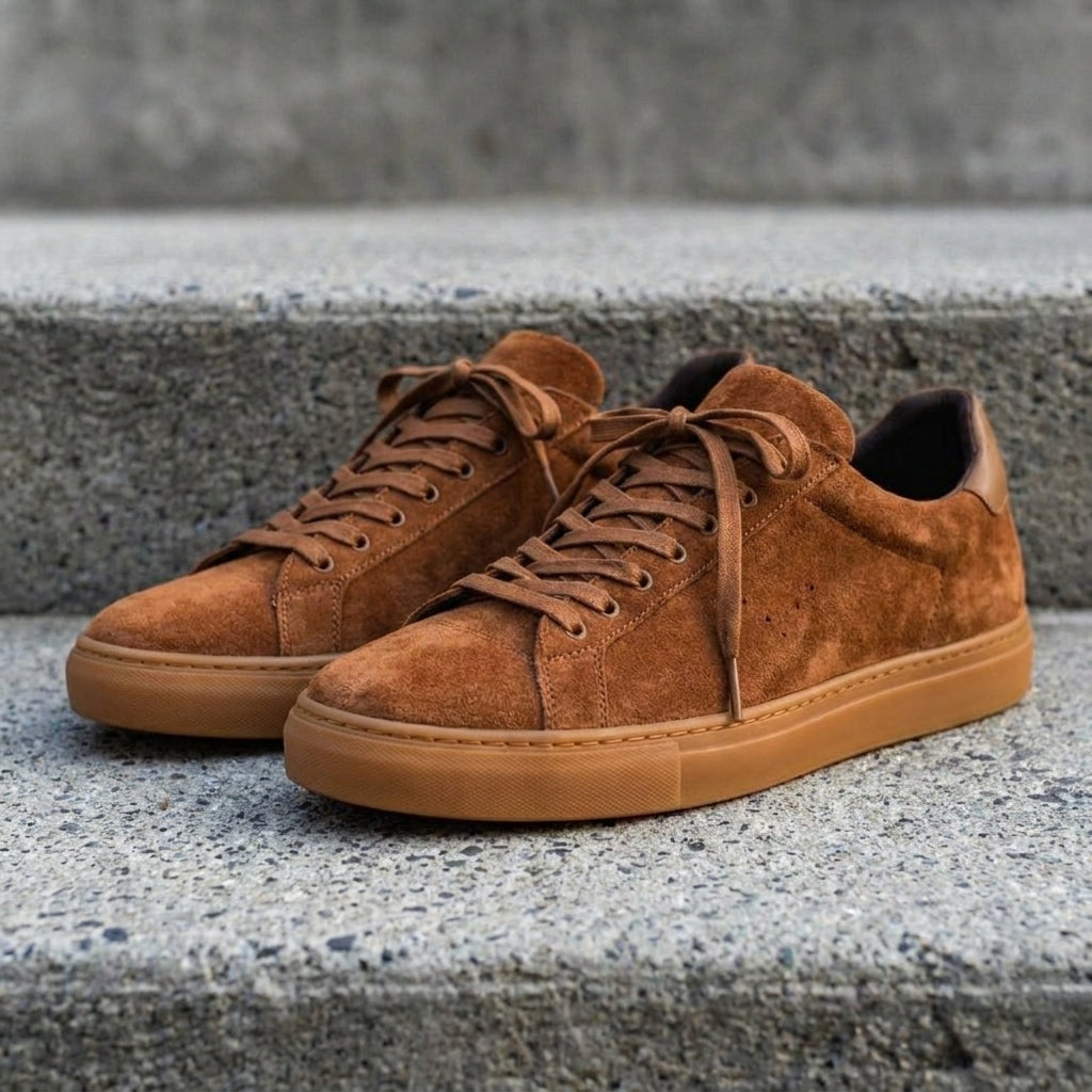 Brown Suede Leather Remigio Lace-Up With Red Sole Sneakers