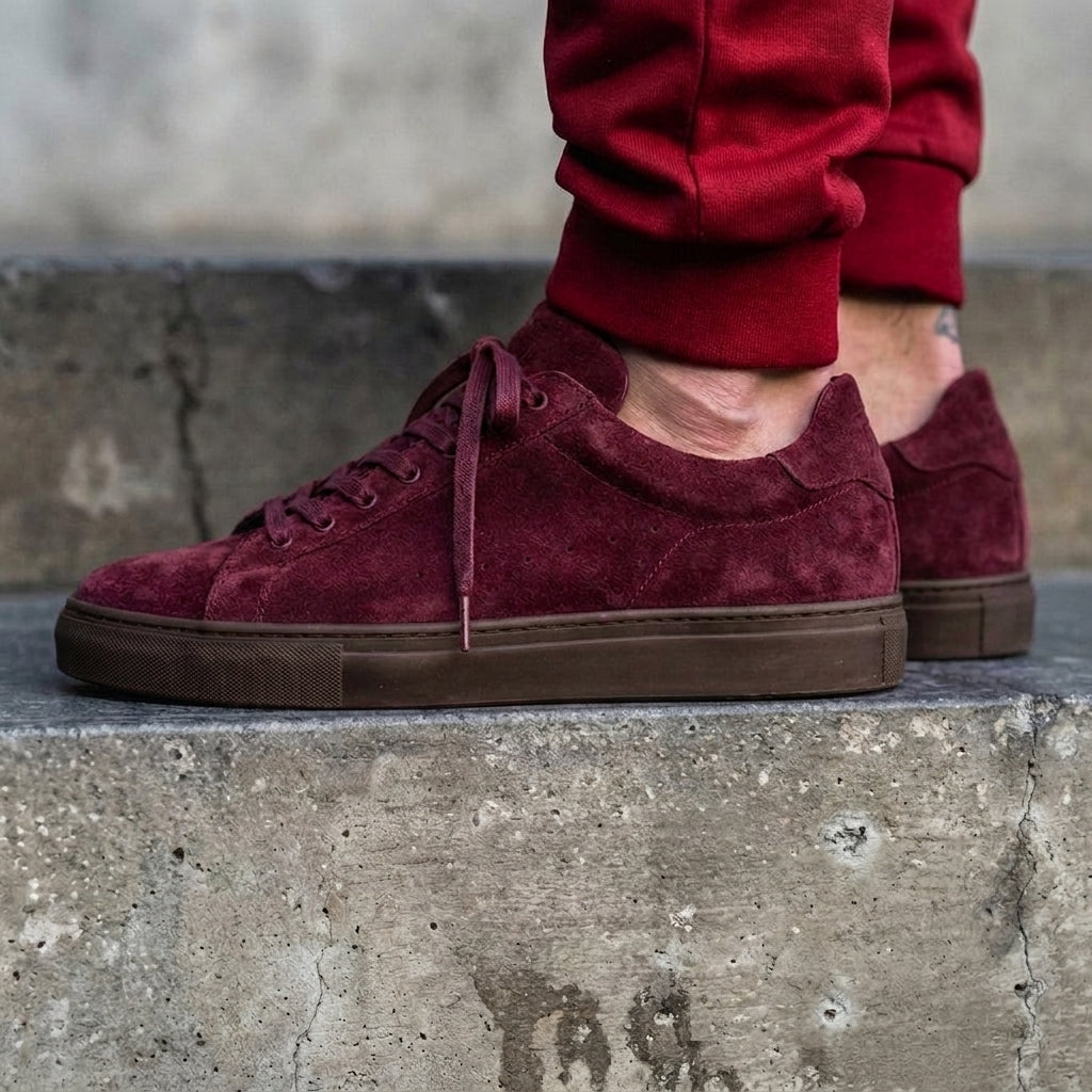 Burgundy Suede Leather Remigio Lace-Up With Red Sole Sneakers