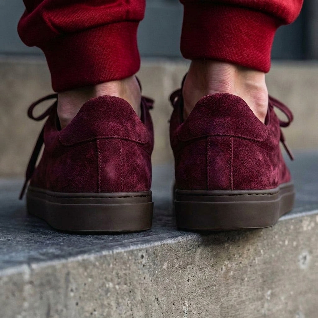 Burgundy Suede Leather Remigio Lace-Up With Red Sole Sneakers