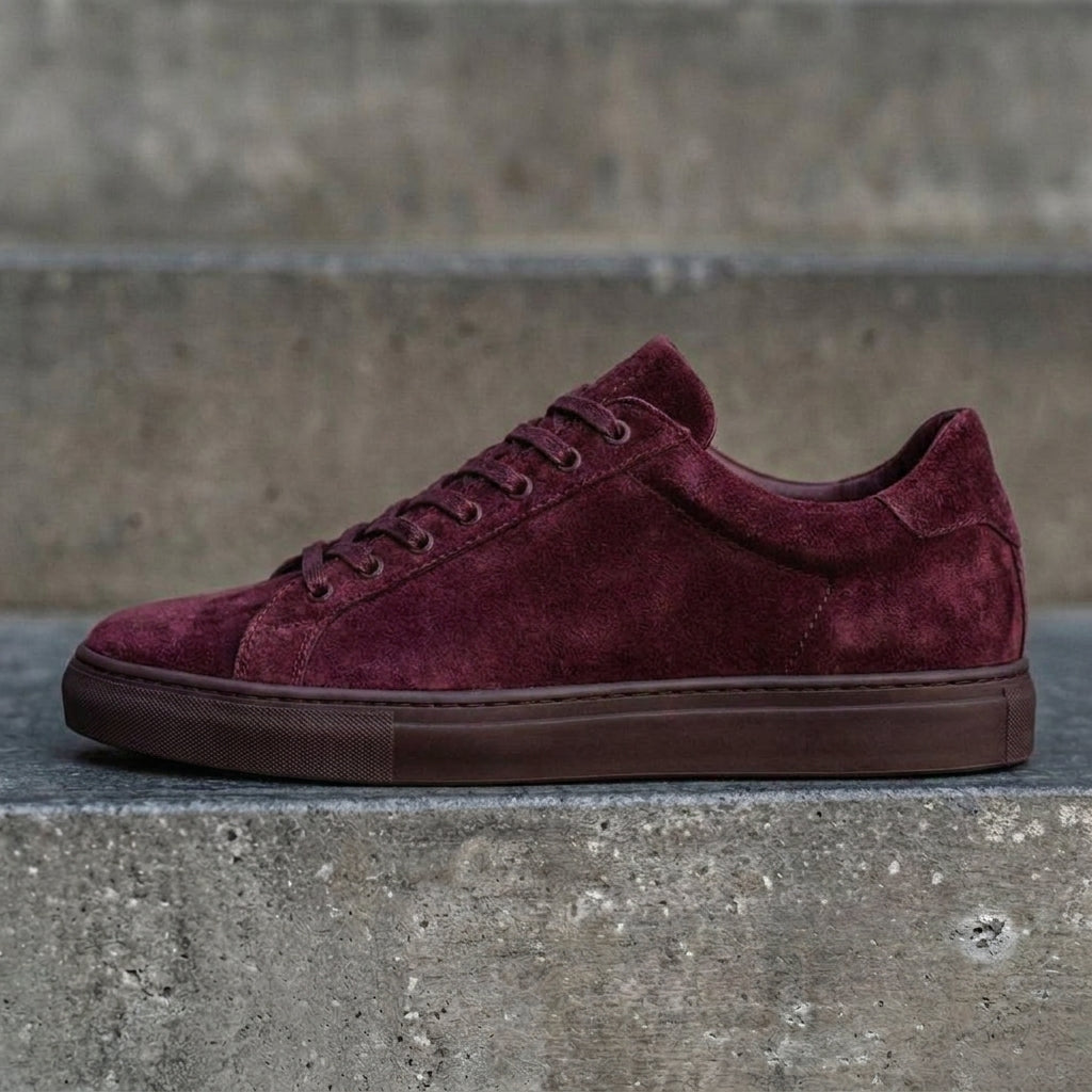 Burgundy Suede Leather Remigio Lace-Up With Red Sole Sneakers
