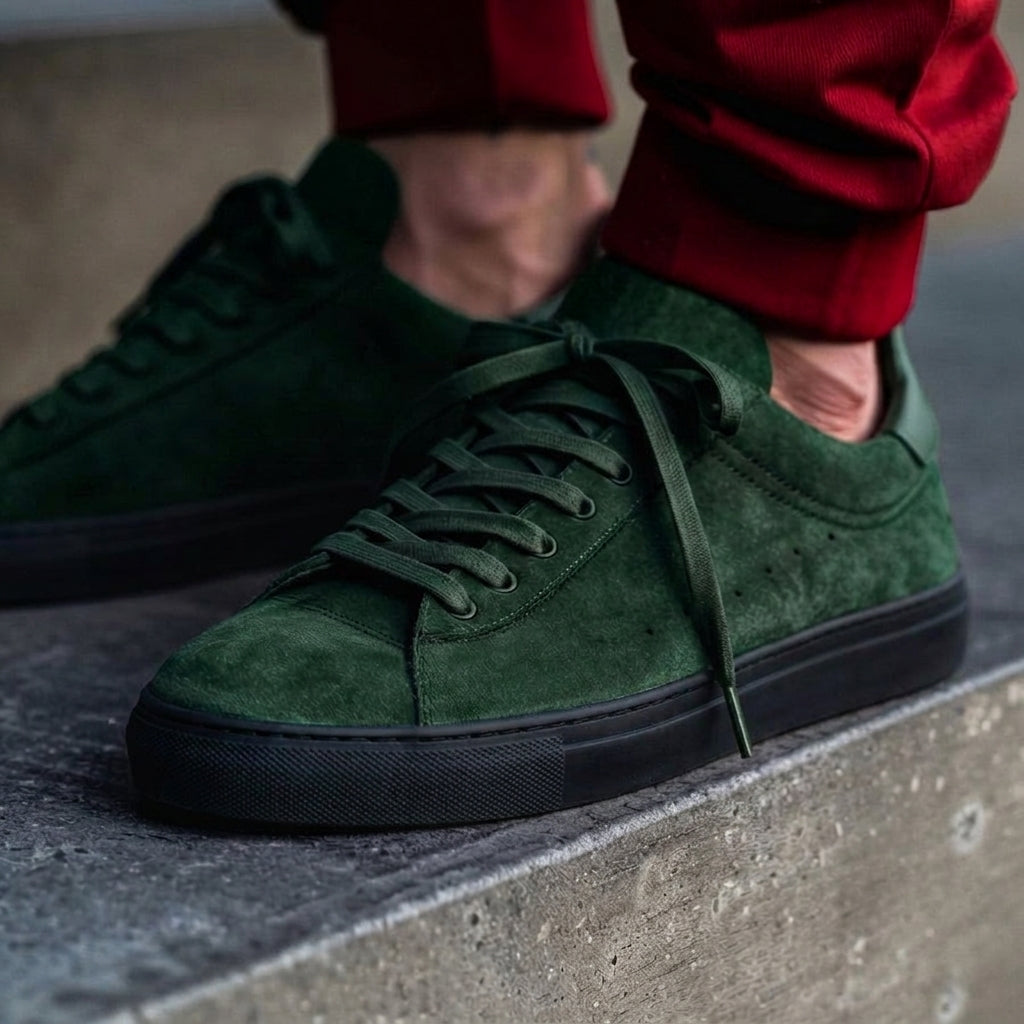 Green Suede Leather Remigio Lace-Up With Red Sole Sneakers