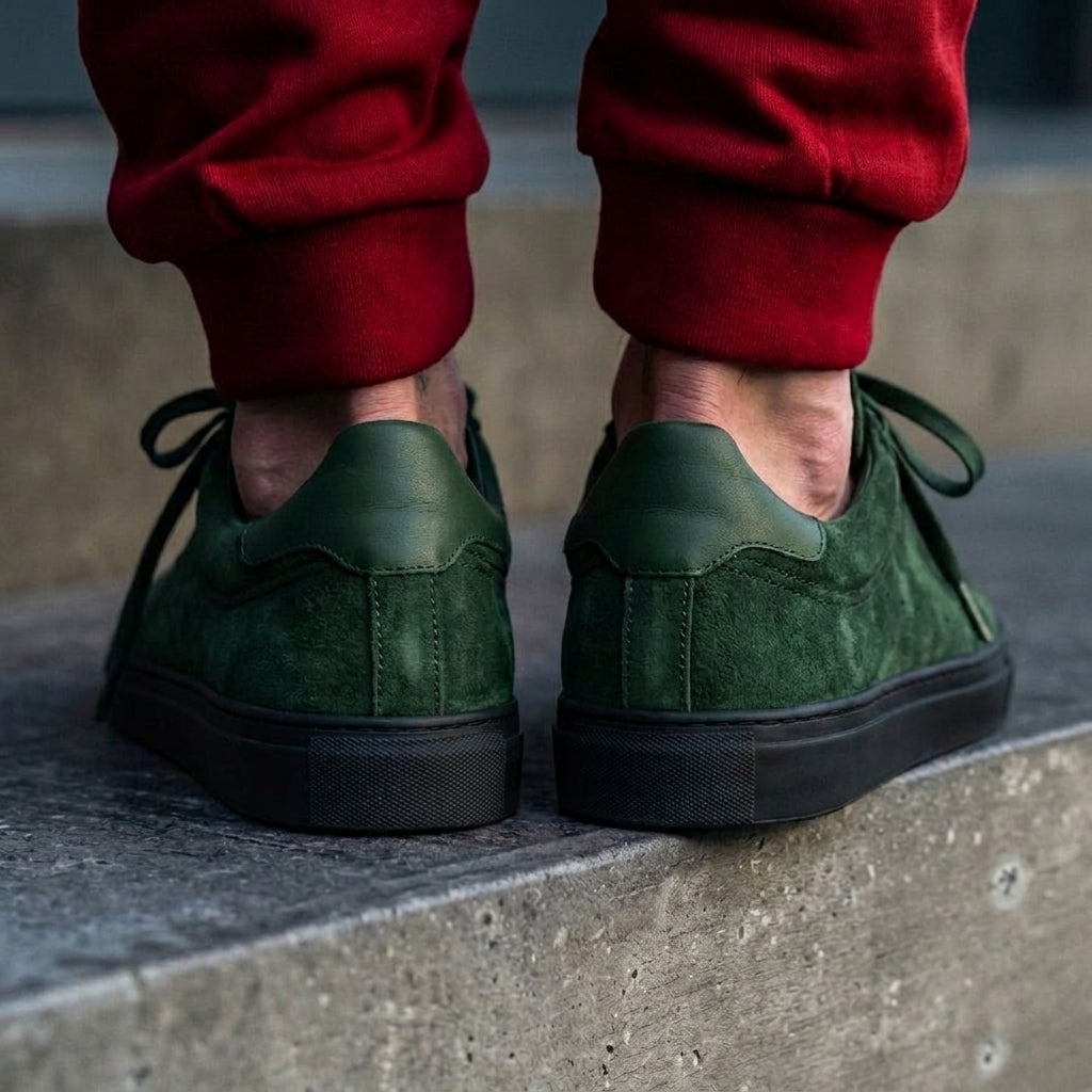 Green Suede Leather Remigio Lace-Up With Red Sole Sneakers