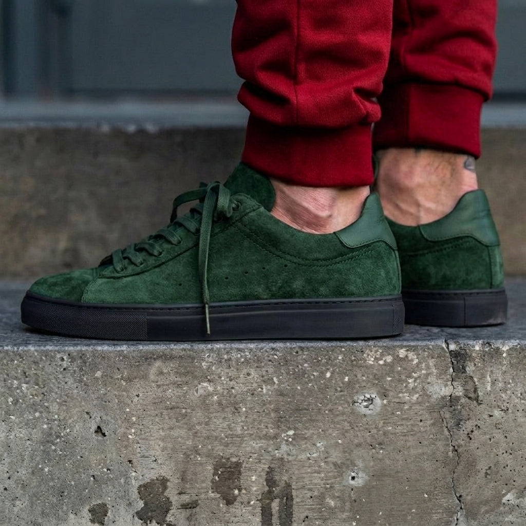 Green Suede Leather Remigio Lace-Up With Red Sole Sneakers