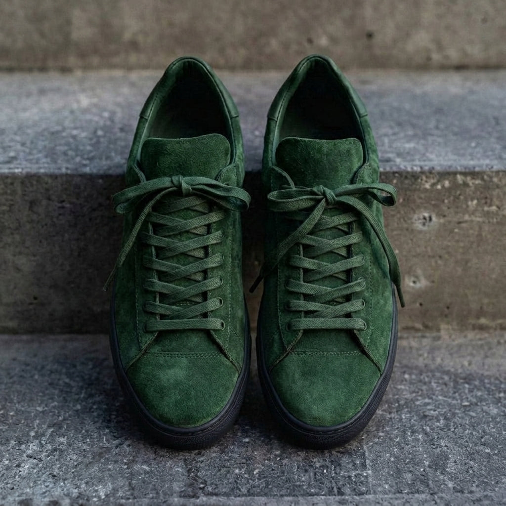 Green Suede Leather Remigio Lace-Up With Red Sole Sneakers