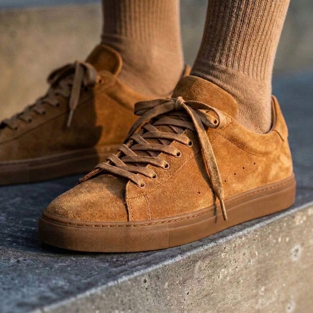 Tan Suede Leather Remigio Lace-Up With Red Sole Sneakers