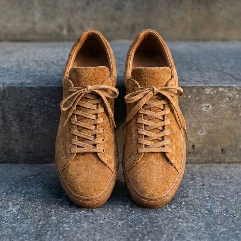 Tan Suede Leather Remigio Lace-Up With Red Sole Sneakers