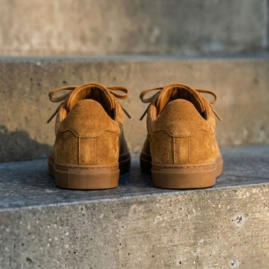 Tan Suede Leather Remigio Lace-Up With Red Sole Sneakers