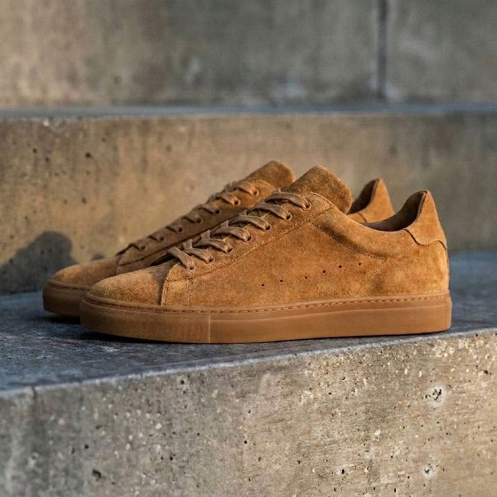 Tan Suede Leather Remigio Lace-Up With Red Sole Sneakers