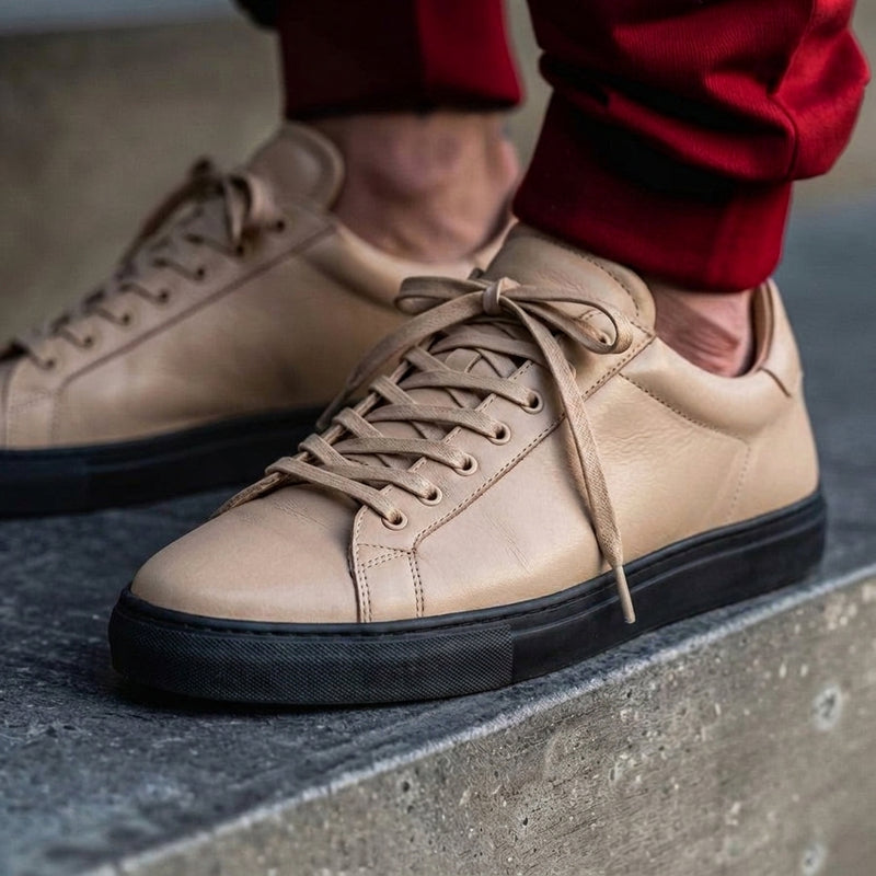 Beige Leather Remigio Lace-Up With Red Sole Sneakers