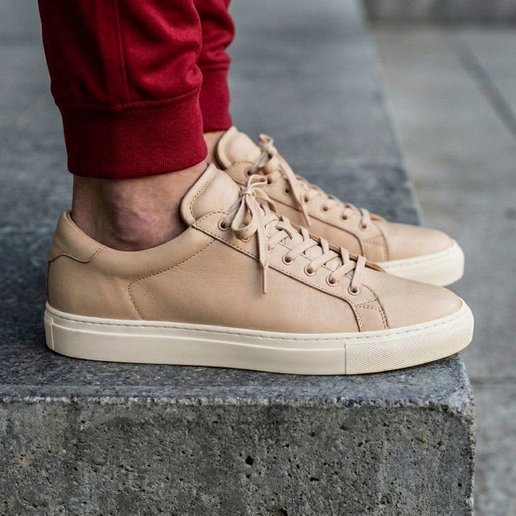 Beige Leather Remigio Lace-Up With Red Sole Sneakers