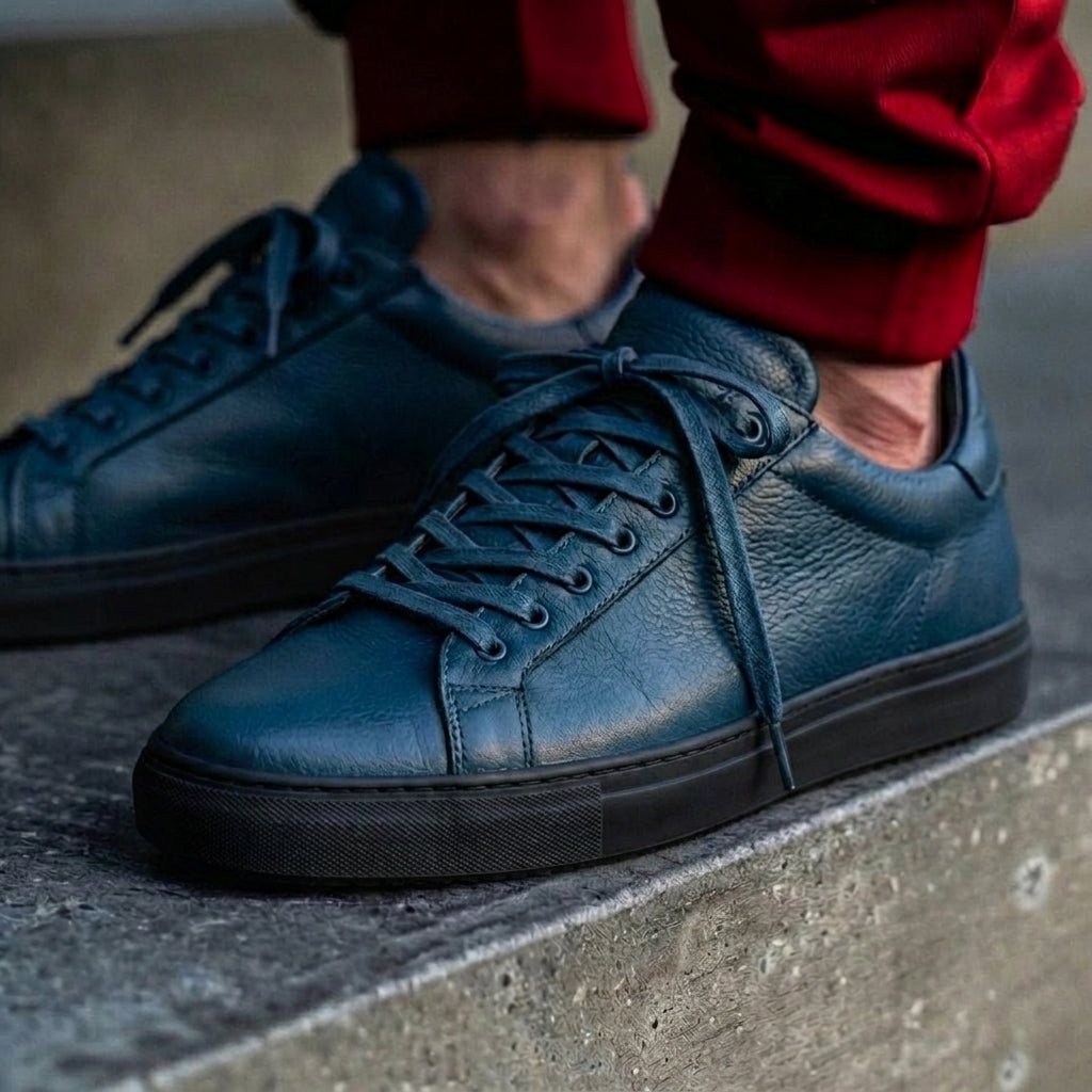 Blue Leather Remigio Lace-Up With Red Sole Sneakers