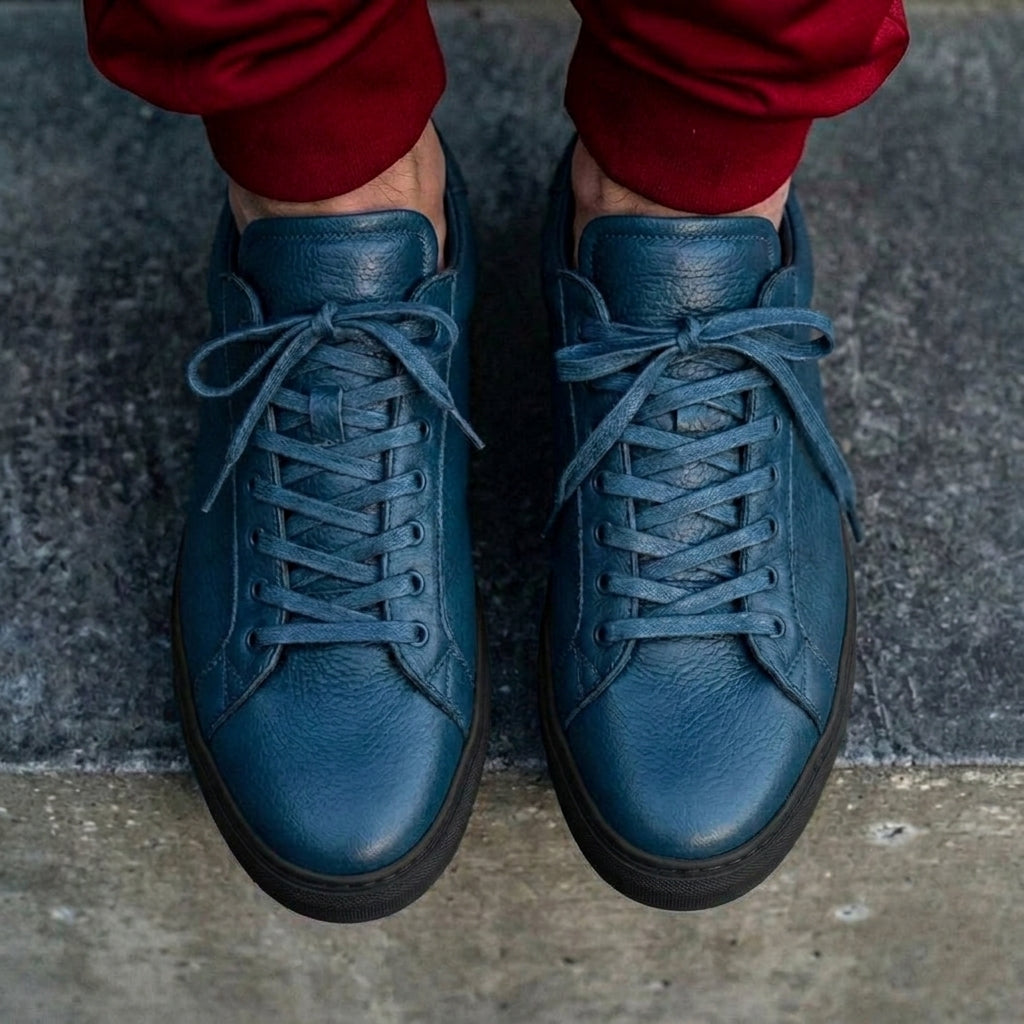 Blue Leather Remigio Lace-Up With Red Sole Sneakers