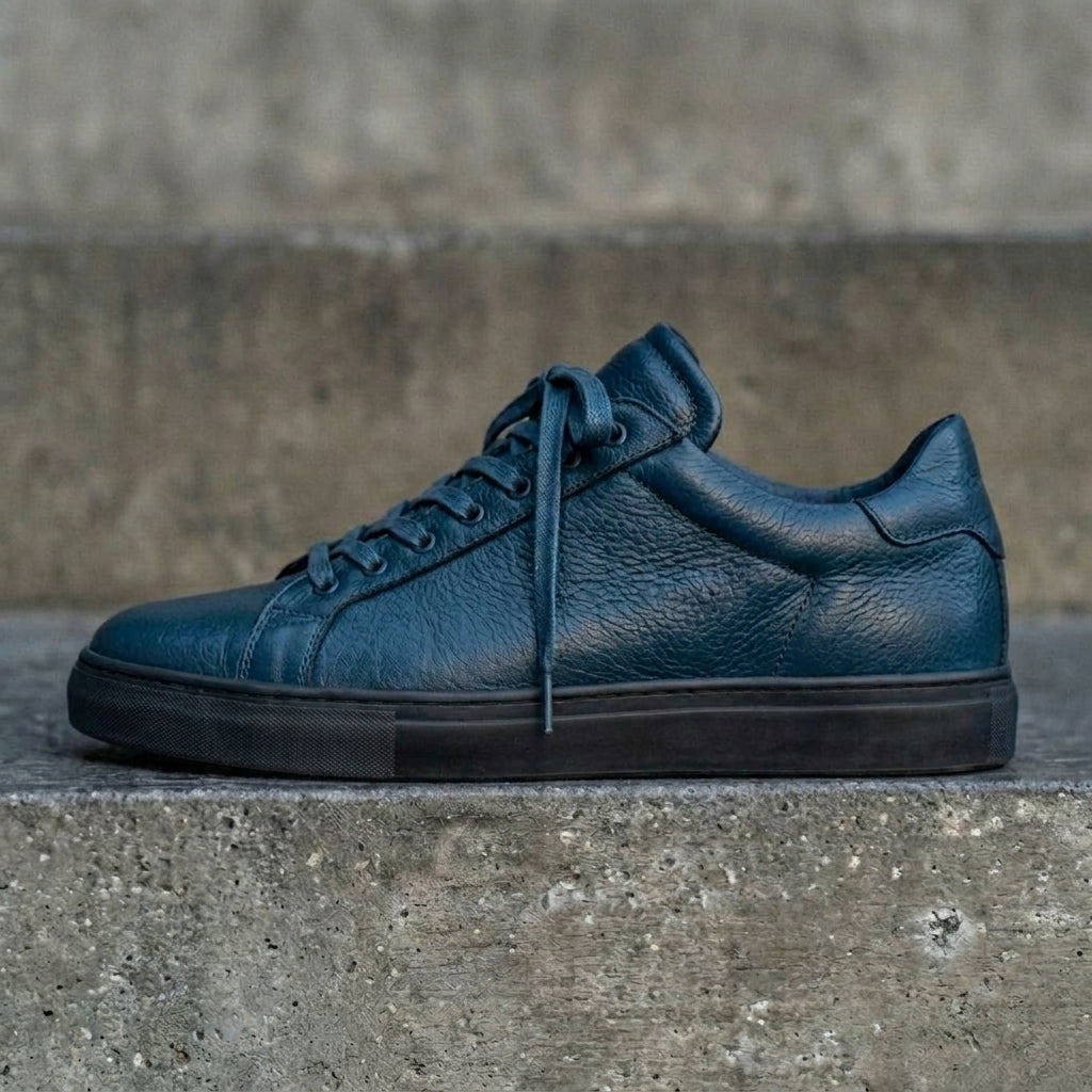 Blue Leather Remigio Lace-Up With Red Sole Sneakers