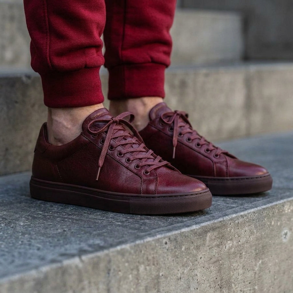 Burgundy Leather Remigio Lace-Up With Red Sole Sneakers