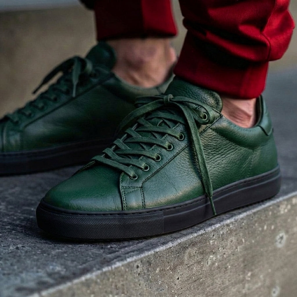 Green Leather Remigio Lace-Up With Red Sole Sneakers