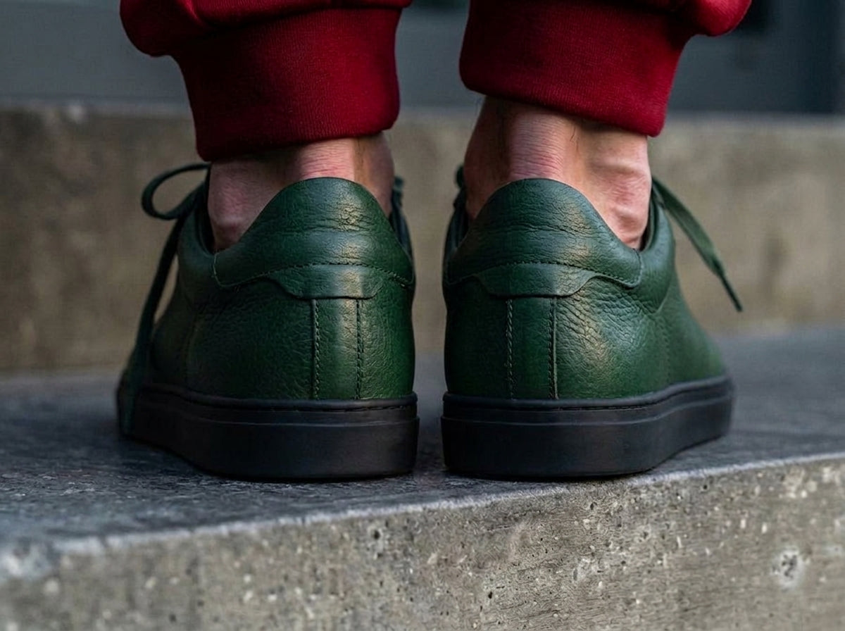 Green Leather Remigio Lace-Up With Red Sole Sneakers