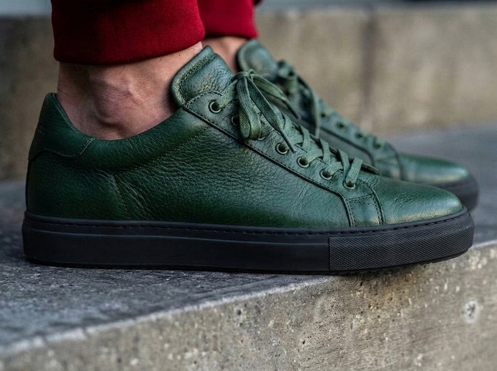 Green Leather Remigio Lace-Up With Red Sole Sneakers