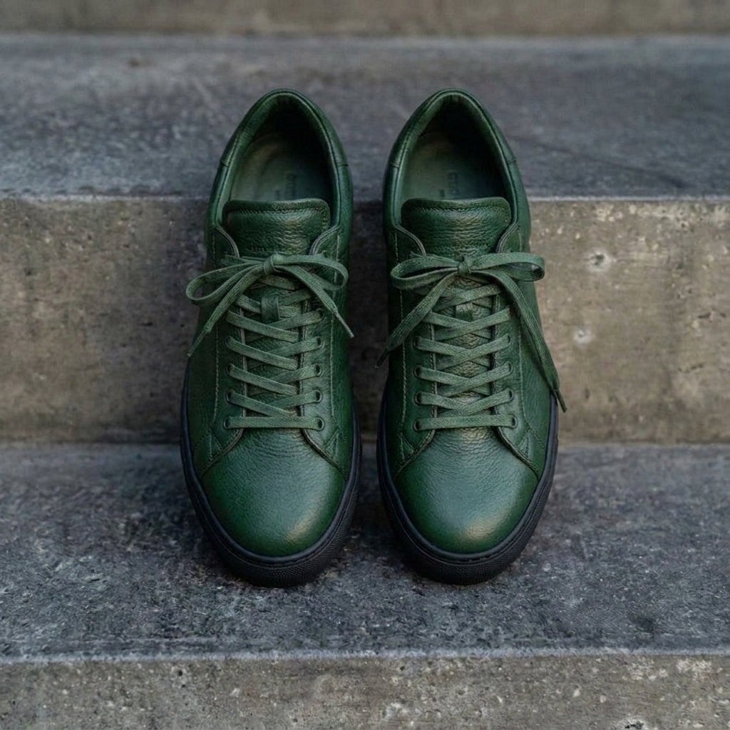 Green Leather Remigio Lace-Up With Red Sole Sneakers