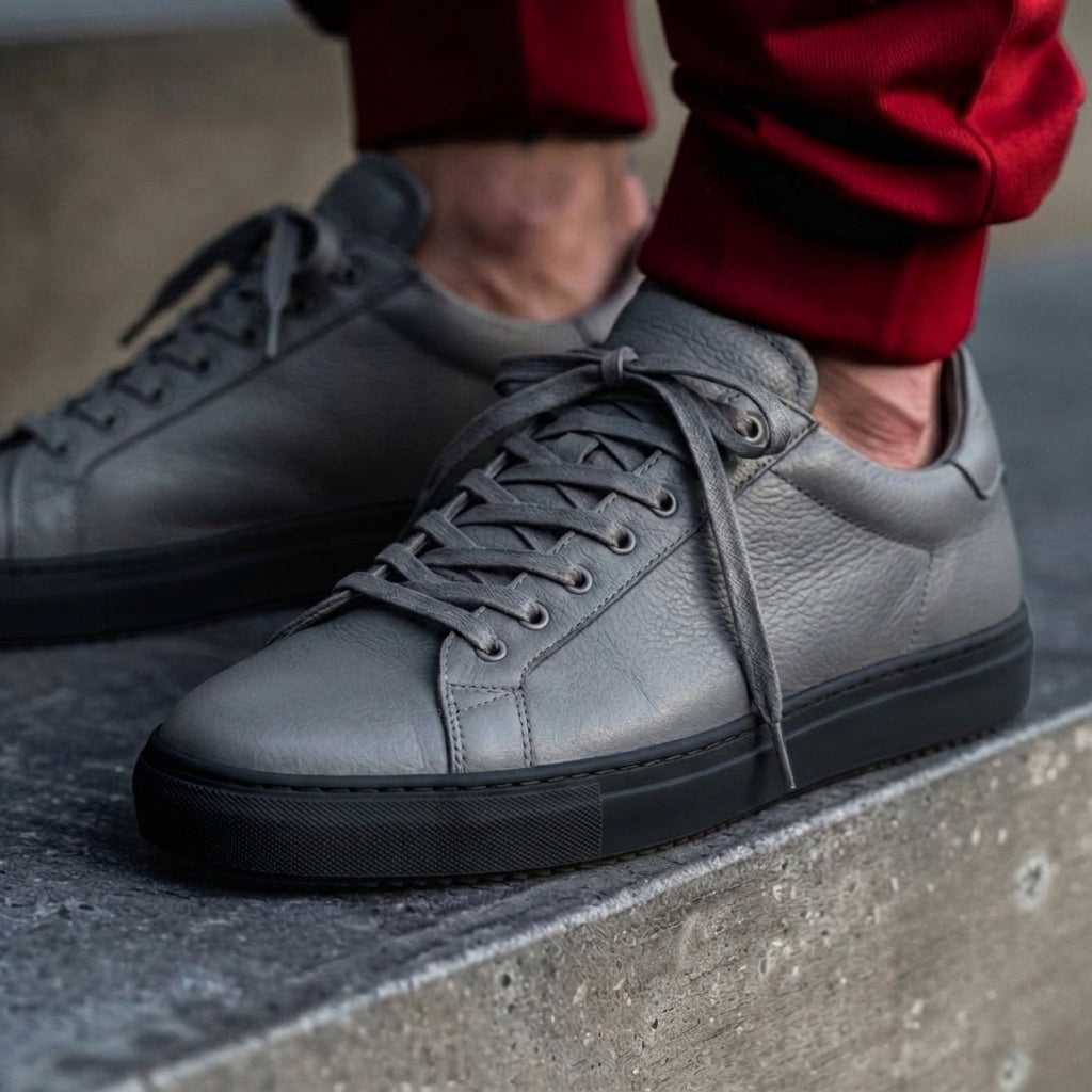 Grey Leather Remigio Lace-Up With Red Sole Sneakers