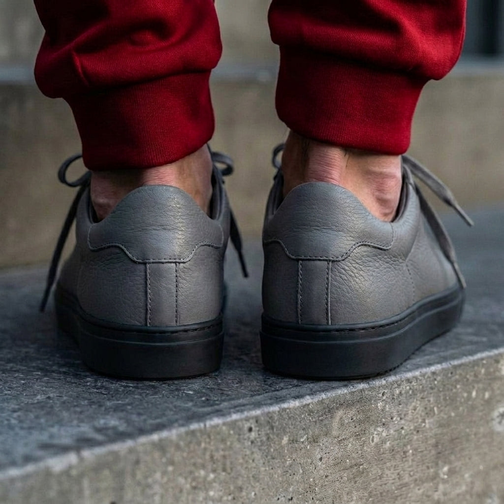 Grey Leather Remigio Lace-Up With Red Sole Sneakers