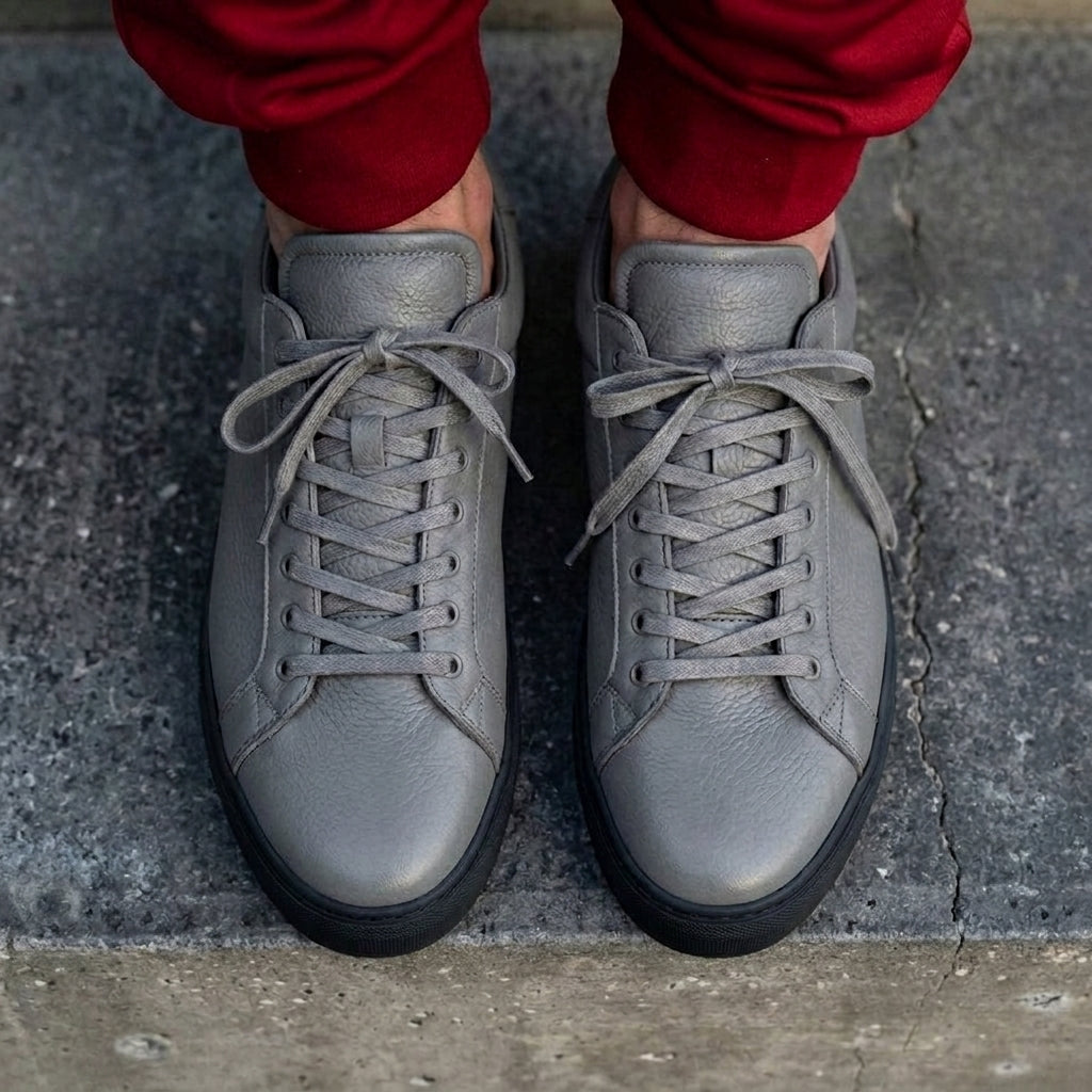 Grey Leather Remigio Lace-Up With Red Sole Sneakers