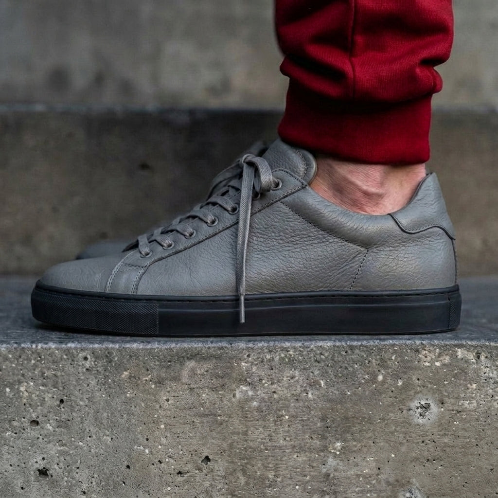 Grey Leather Remigio Lace-Up With Red Sole Sneakers