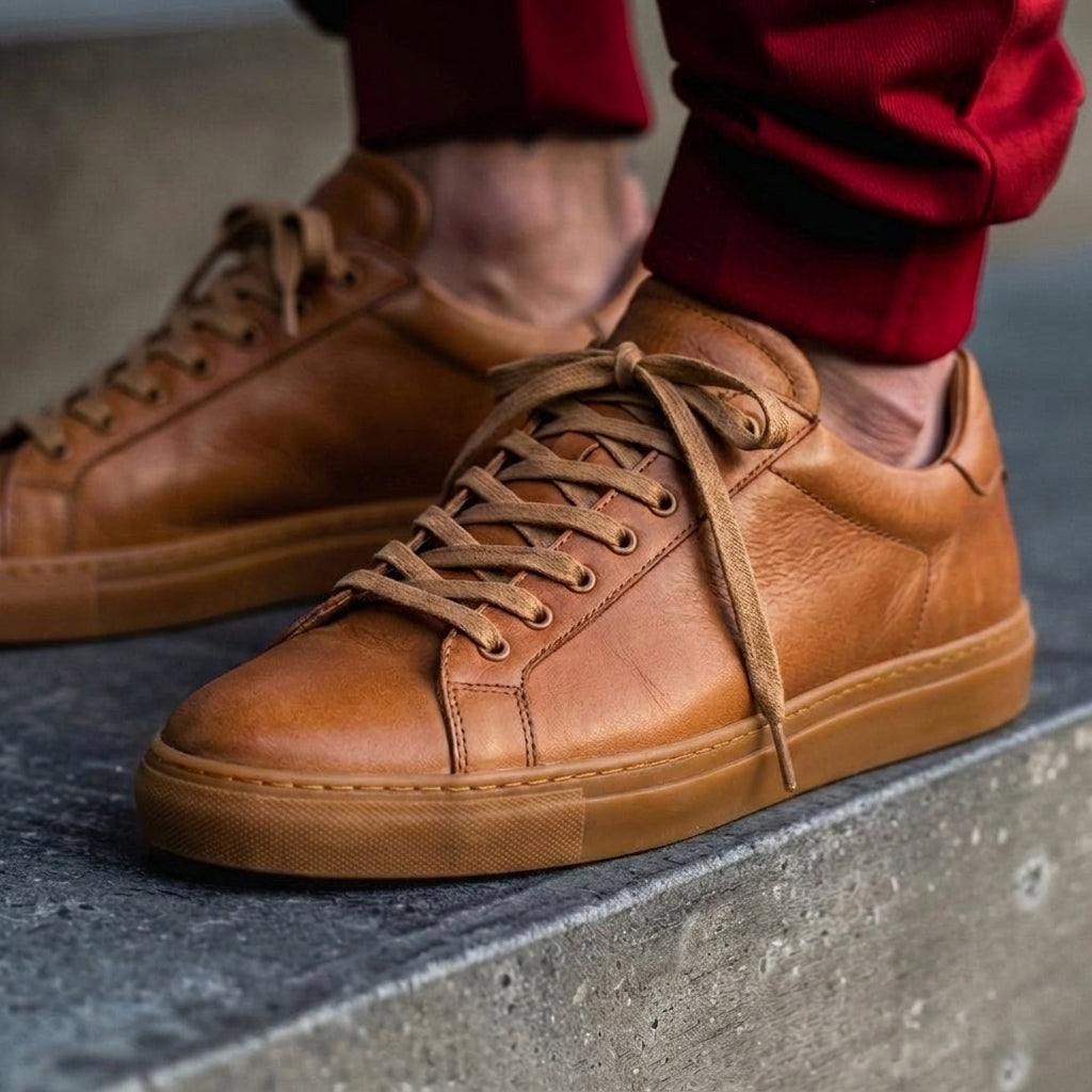 Tan Leather Remigio Lace-Up With Red Sole Sneakers