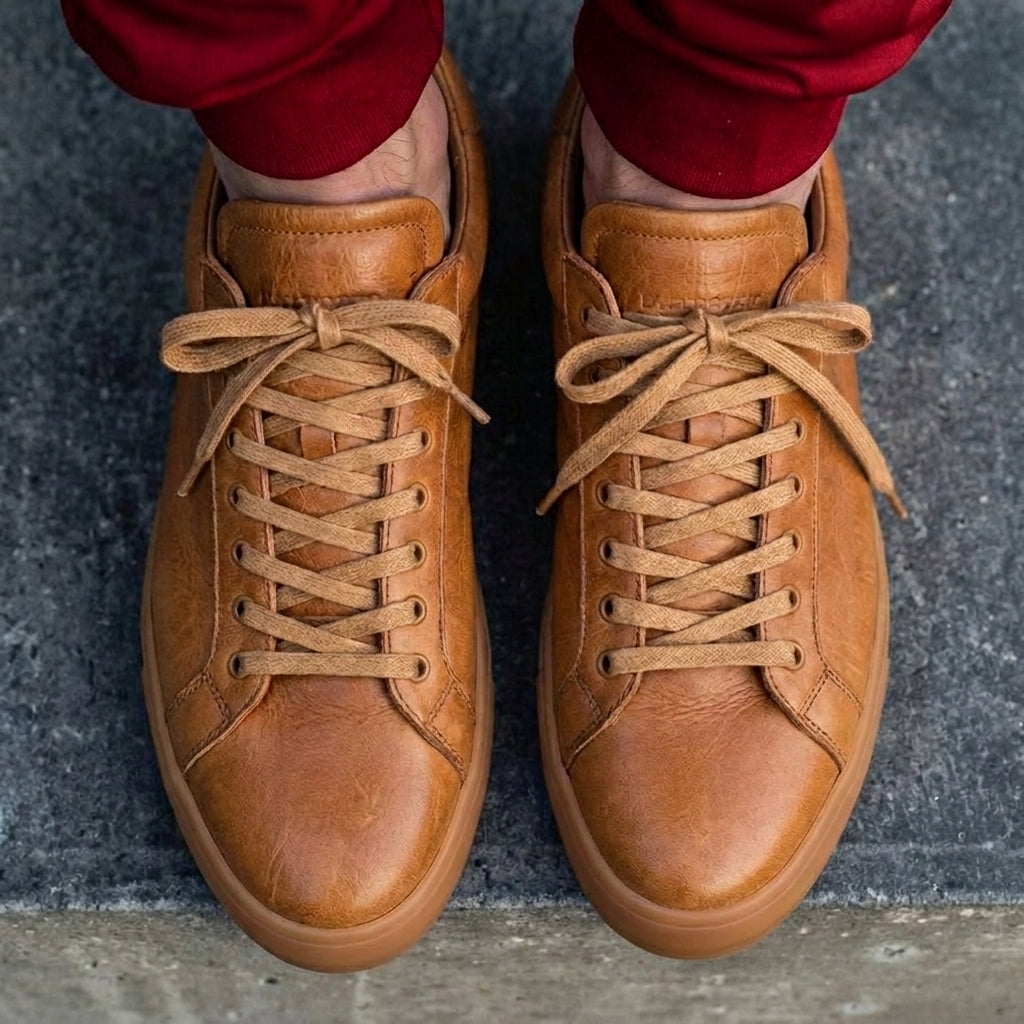 Tan Leather Remigio Lace-Up With Red Sole Sneakers