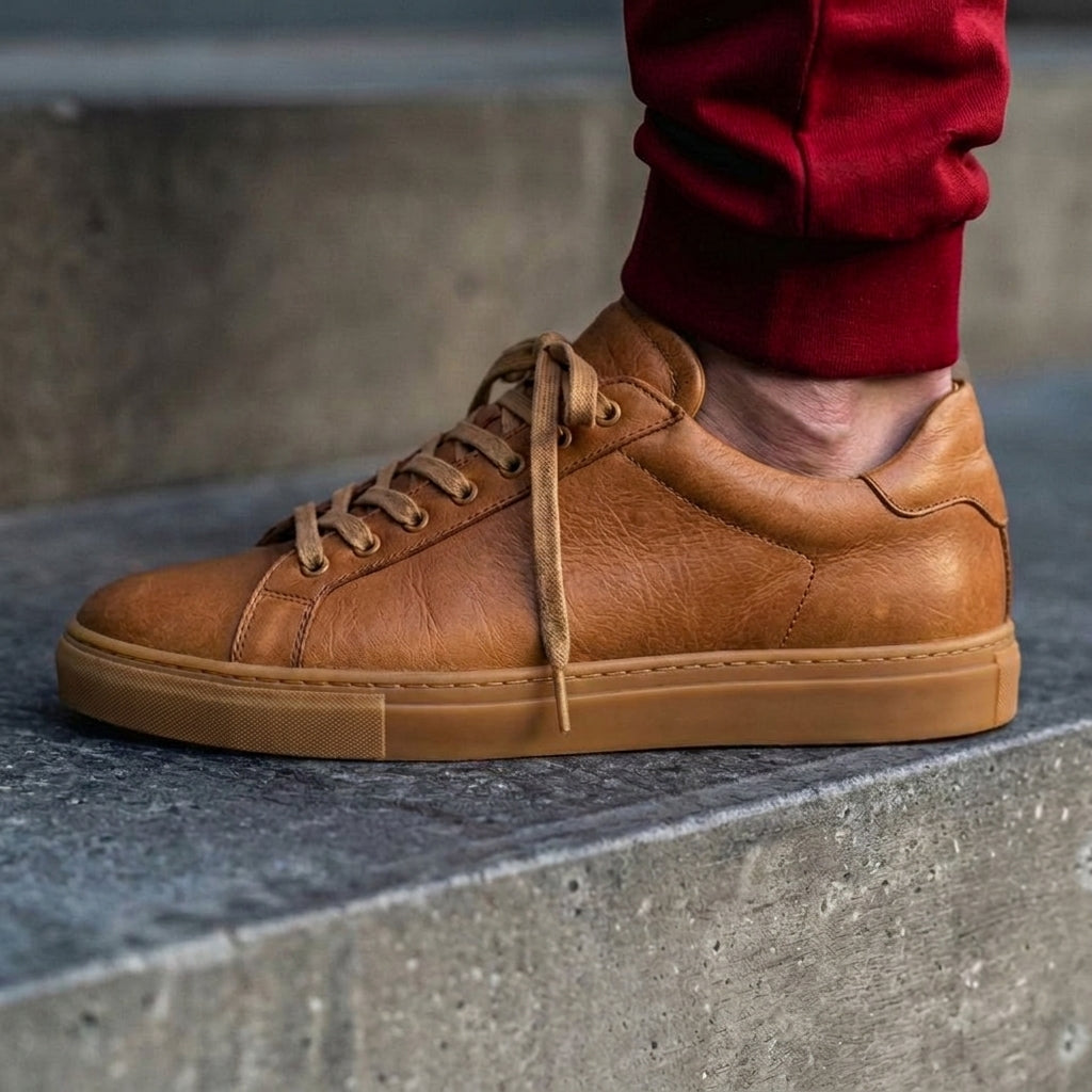 Tan Leather Remigio Lace-Up With Red Sole Sneakers