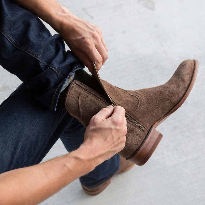 Extra Wide Shoes (2E,4E,6E) Beige Suede Bastrop Slip On Zipper Western Cowboy Boots - AW24 - ITALIAN AW26