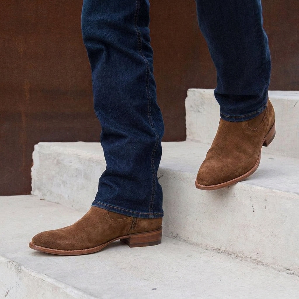 Extra Wide Shoes (2E,4E,6E) Beige Suede Bastrop Slip On Zipper Western Cowboy Boots - AW24 - ITALIAN AW26
