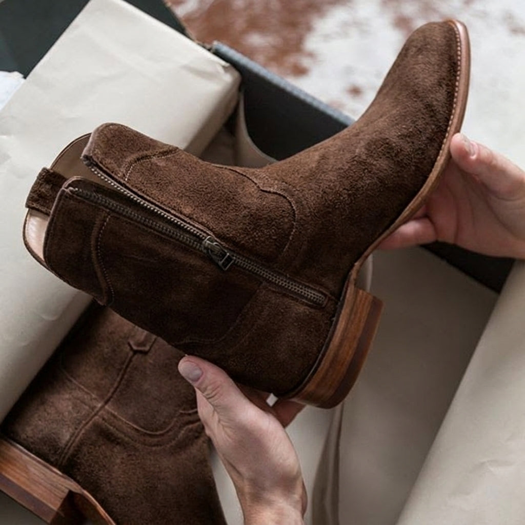 Extra Wide Shoes (2E,4E,6E) Beige Suede Bastrop Slip On Zipper Western Cowboy Boots - AW24 - ITALIAN AW26
