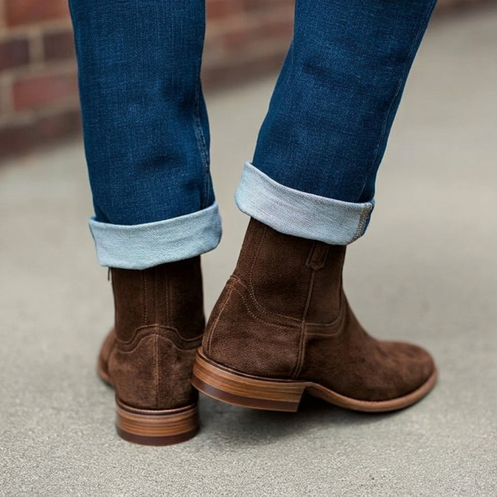 Extra Wide Shoes (2E,4E,6E) Beige Suede Bastrop Slip On Zipper Western Cowboy Boots - AW24 - ITALIAN AW26