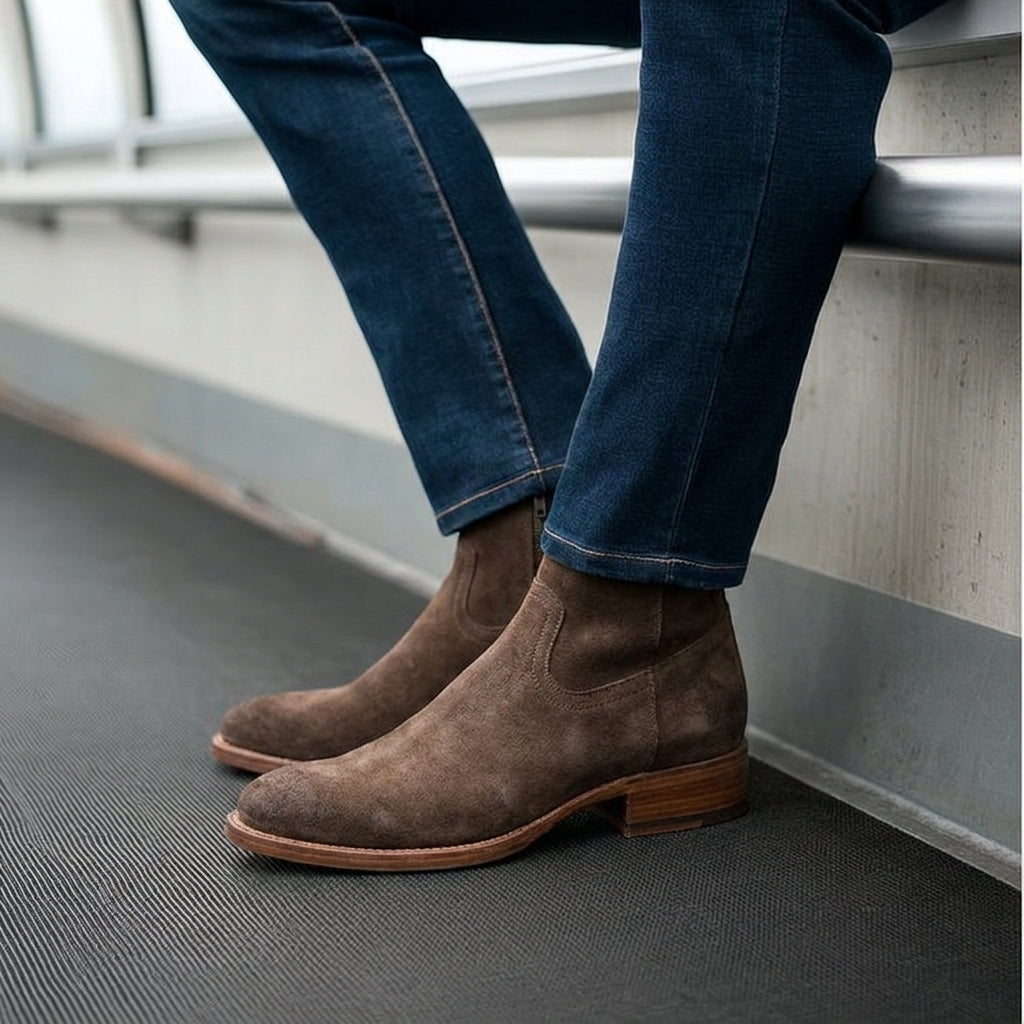 Extra Wide Shoes (2E,4E,6E) Beige Suede Bastrop Slip On Zipper Western Cowboy Boots - AW24 - ITALIAN AW26