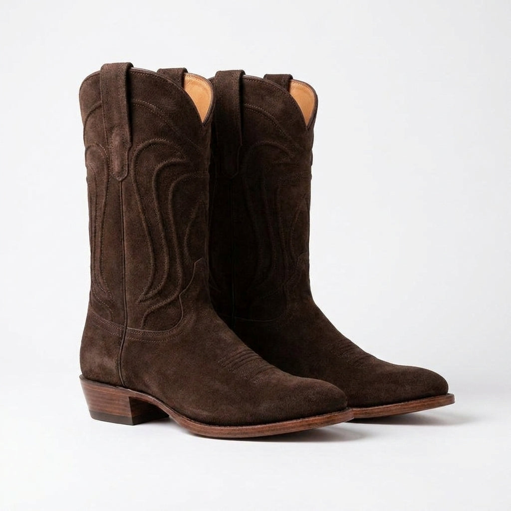 Brown Suede Leather Renovaux Slip On Zipper Western Cowboy Boots - AW24