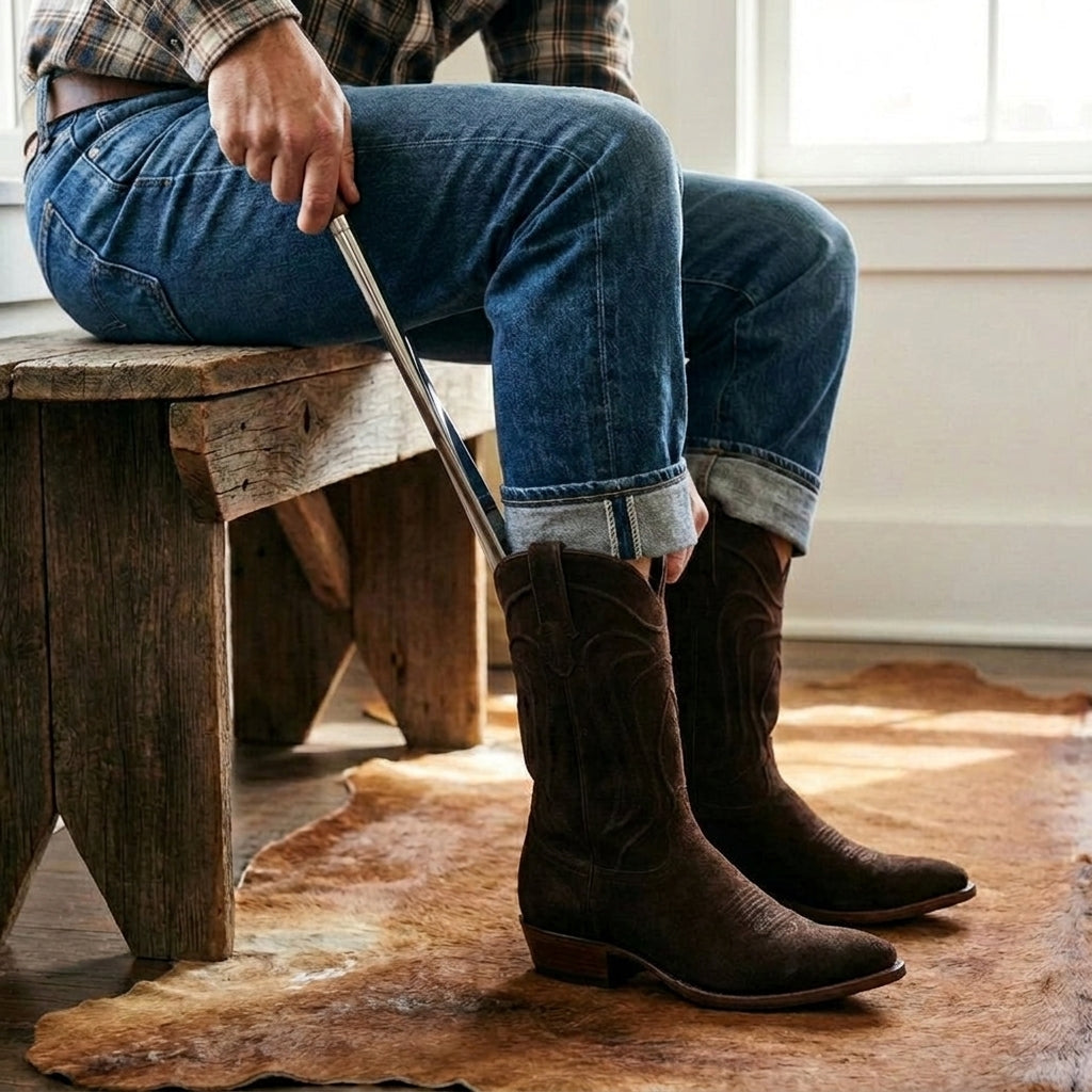 Brown Suede Leather Renovaux Slip On Zipper Western Cowboy Boots - AW24