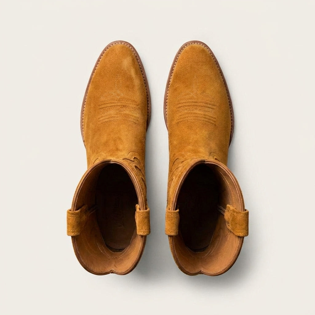 Tan Suede Leather Renovaux Slip On Zipper Western Cowboy Boots - AW24