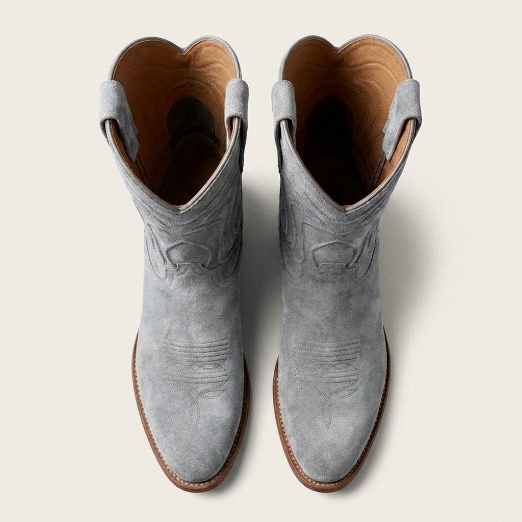 Grey Suede Leather Renovaux Slip On Zipper Western Cowboy Boots - AW24
