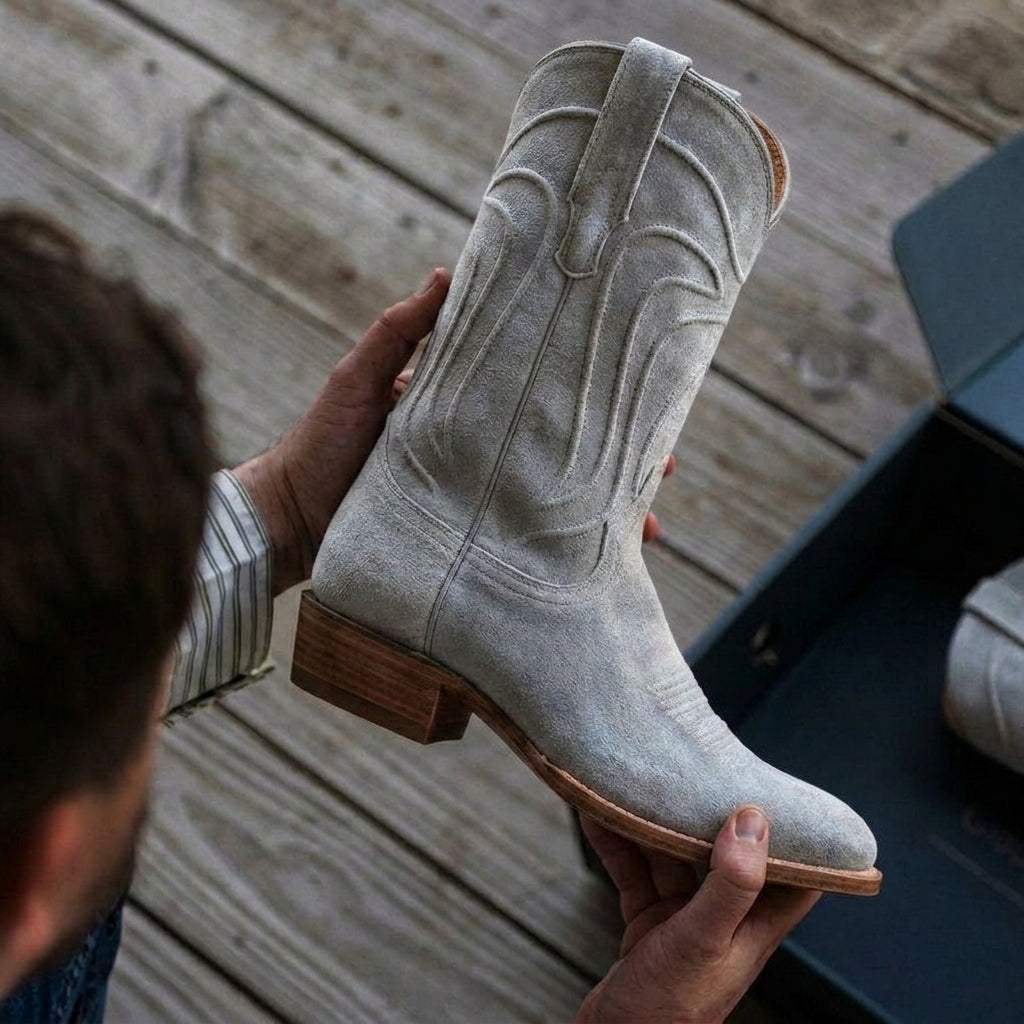 Grey Suede Leather Renovaux Slip On Zipper Western Cowboy Boots - AW24