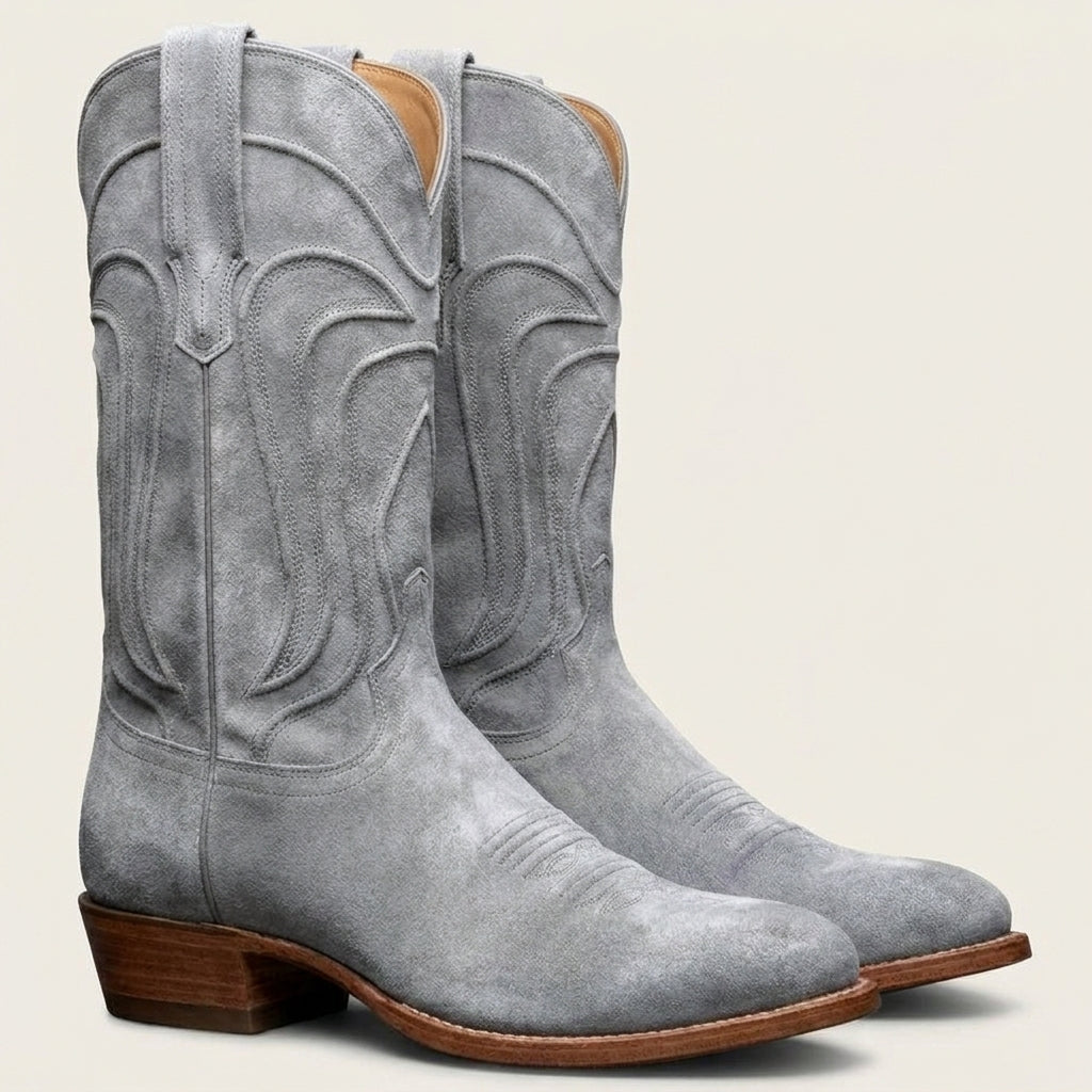 Grey Suede Leather Renovaux Slip On Zipper Western Cowboy Boots - AW24