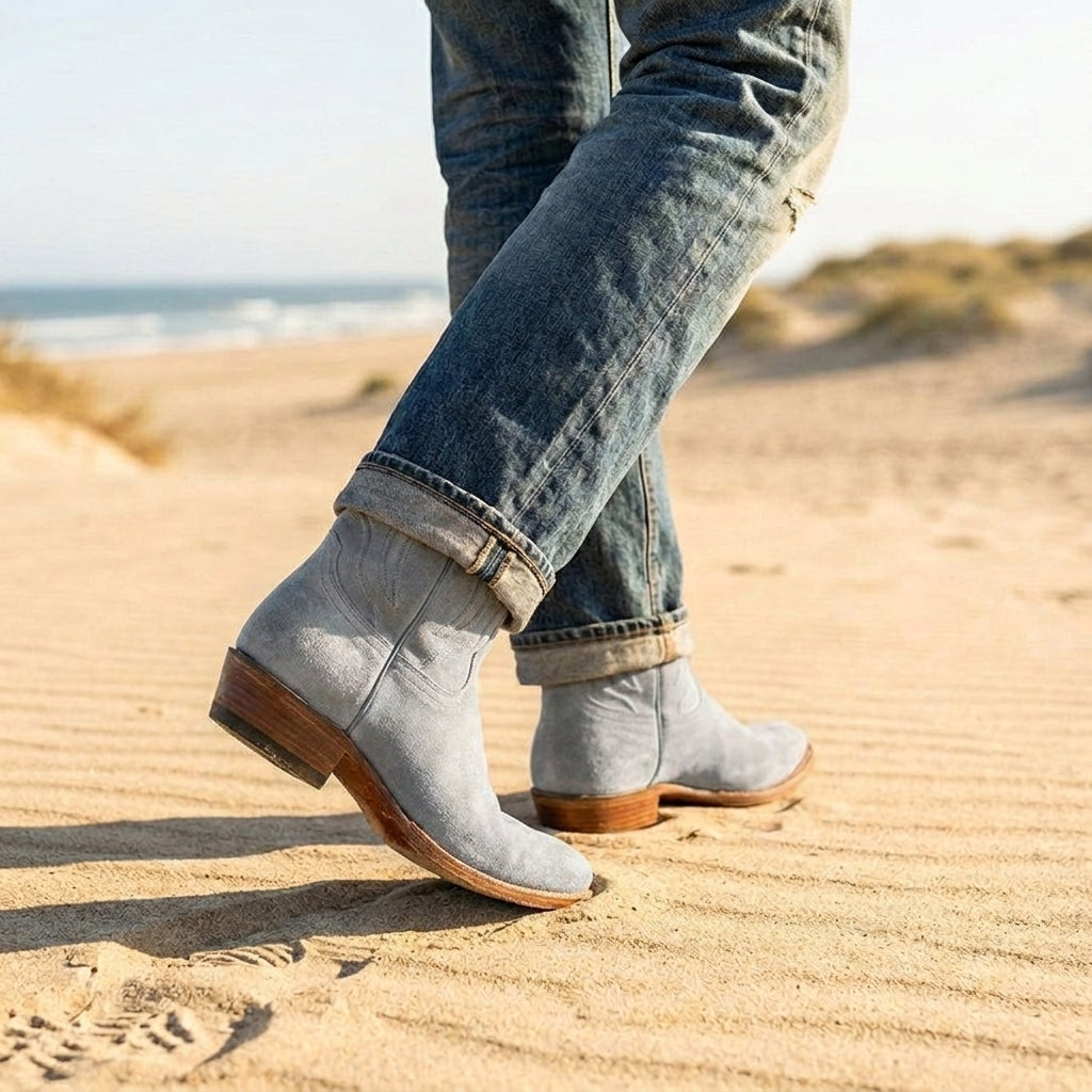 Grey Suede Leather Renovaux Slip On Zipper Western Cowboy Boots - AW24