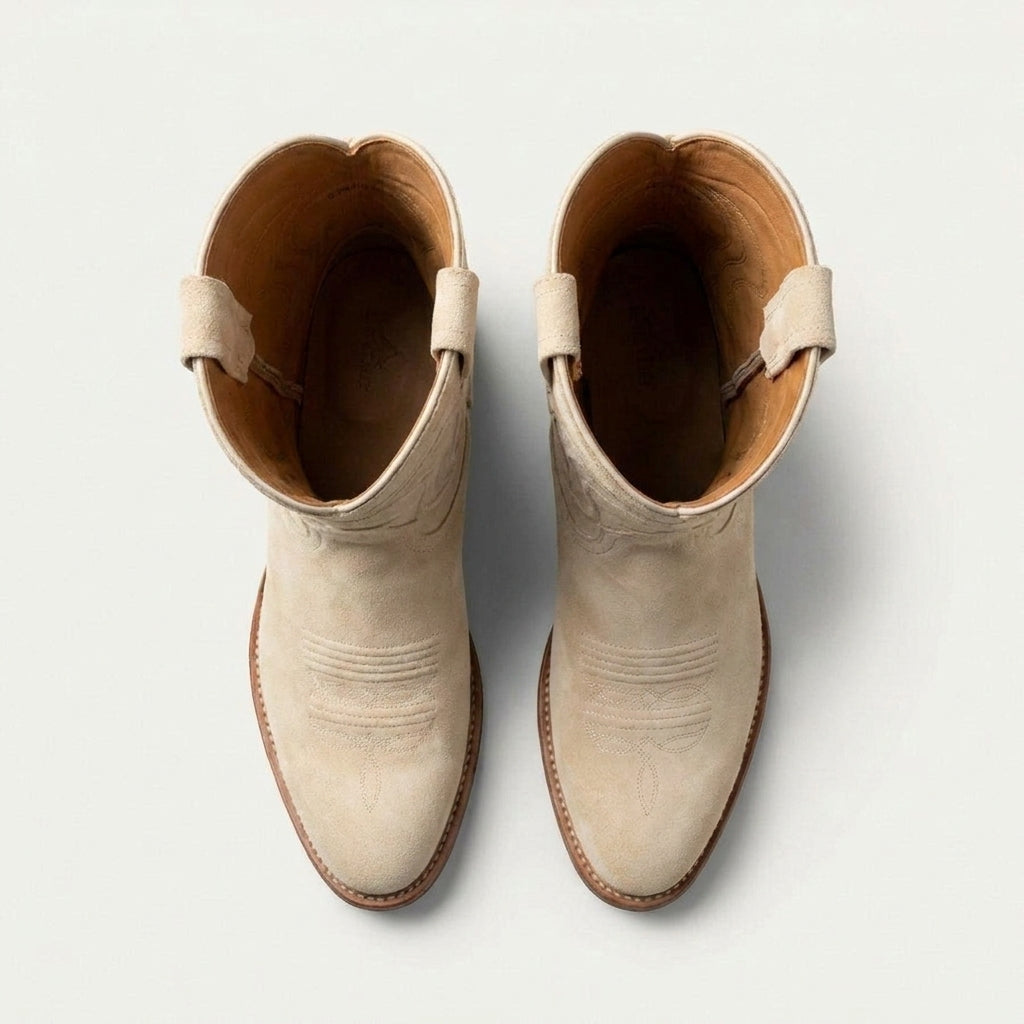 Beige Suede Leather Renovaux Slip On Zipper Western Cowboy Boots - AW24