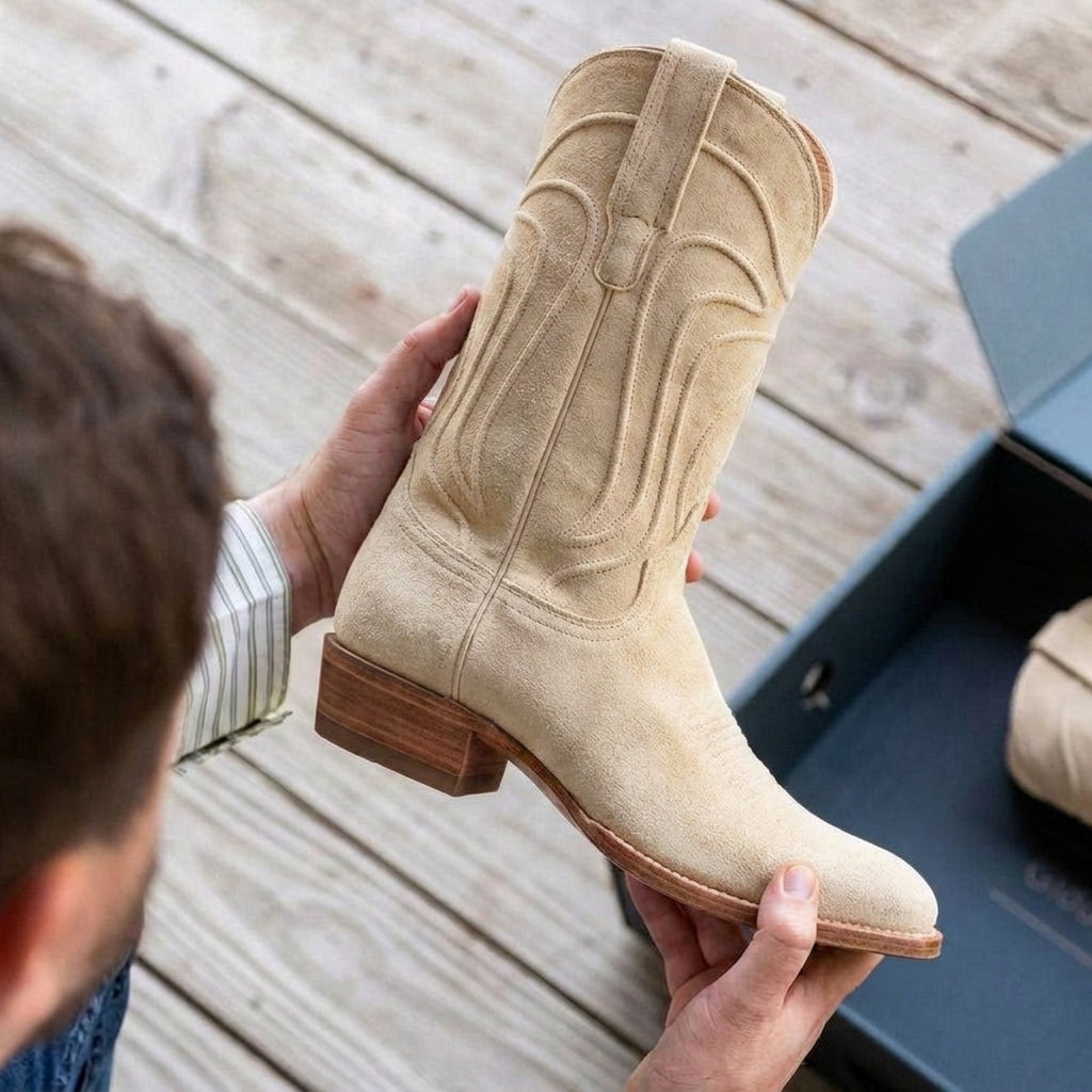 Beige Suede Leather Renovaux Slip On Zipper Western Cowboy Boots - AW24