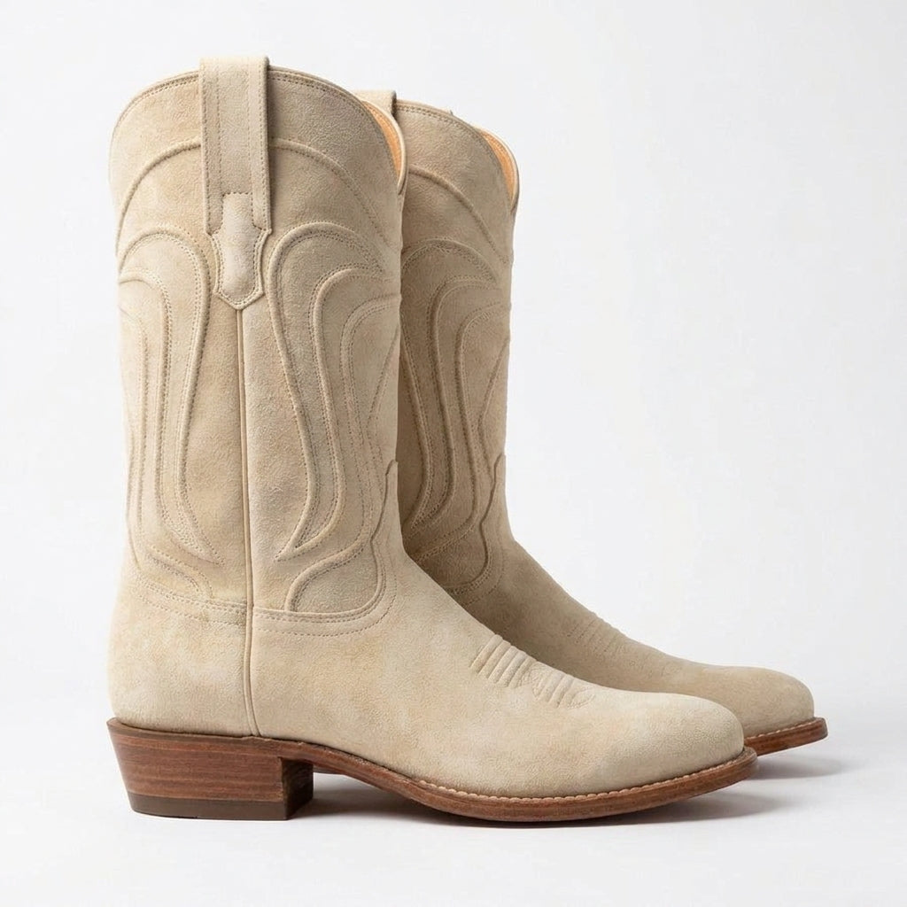 Beige Suede Leather Renovaux Slip On Zipper Western Cowboy Boots - AW24