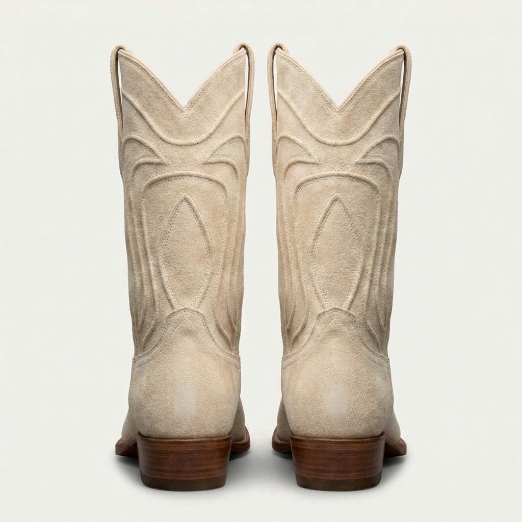Beige Suede Leather Renovaux Slip On Zipper Western Cowboy Boots - AW24
