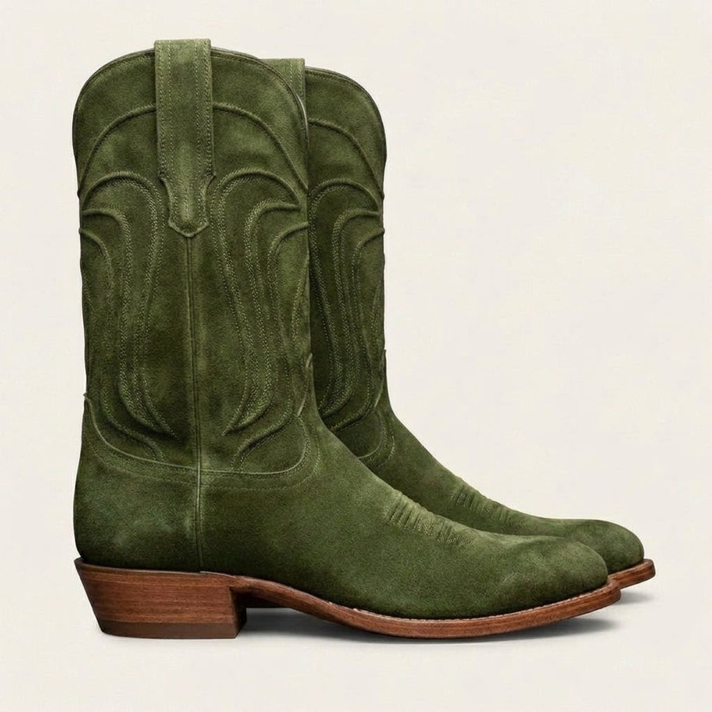 Green Suede Leather Renovaux Slip On Zipper Western Cowboy Boots - AW24
